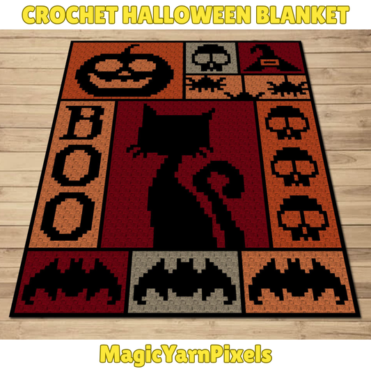 Crochet Halloween Blanket Graph and Pattern for C2C & Tapestry Crochet | C2C Halloween Afghan | Boo Bats Spiders Skulls Witch Hat Black Cats