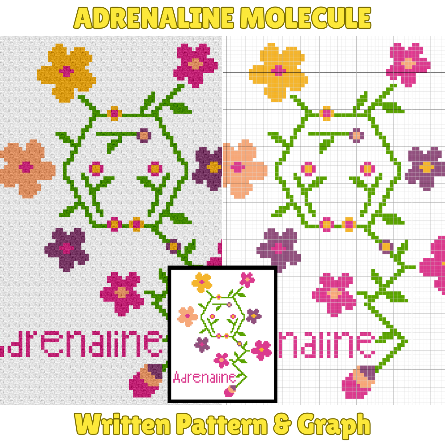 Adrenaline Molecule Graph + Written Pattern For C2C & Tapestry Crochet - Floral Hormone Pattern - Gift For Scientists Chemists Geek Nerd Lab