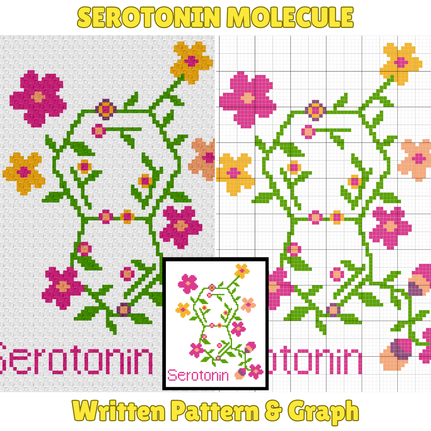 Serotonin Molecule Graph + Written Pattern For C2C & Tapestry Crochet - Floral Hormone Pattern - Gift For Scientists Chemist Geeks Nerds Lab