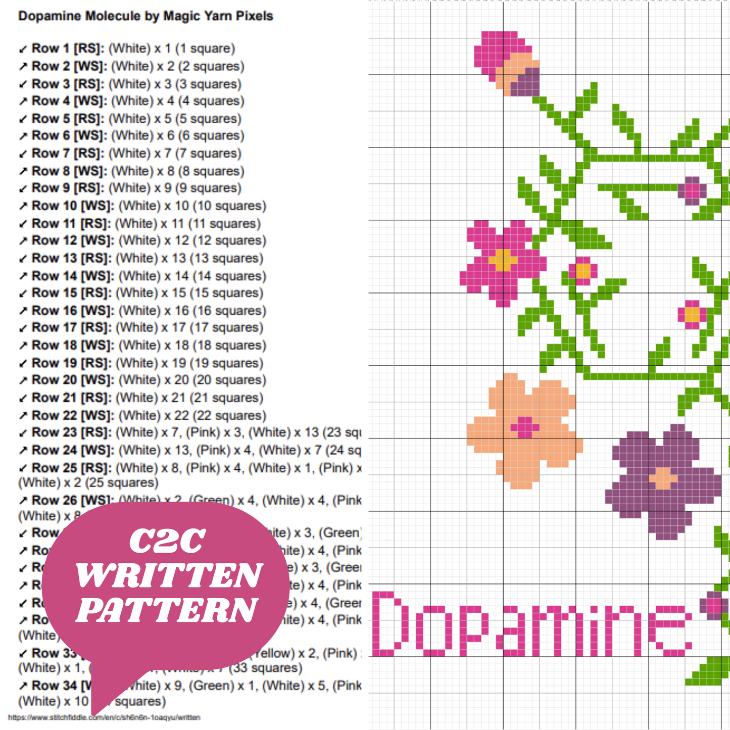 Dopamine Molecule Graph + Written Pattern For C2C & Tapestry Crochet - Floral Hormone Pattern - Gift For Scientists Chemists Geeks Nerds Lab
