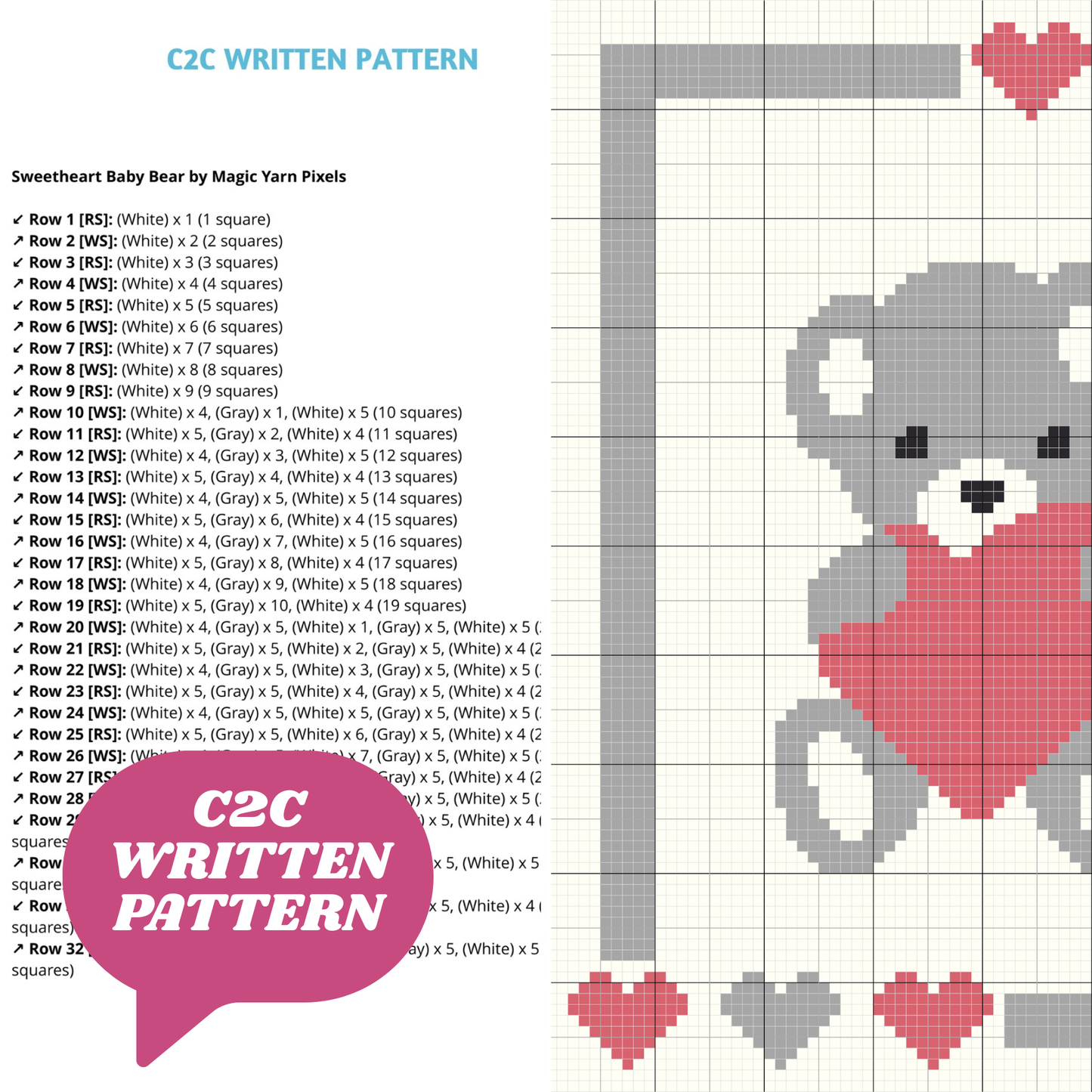 Sweet Heart Baby Bear Graph + Written Pattern For C2C & Tapestry Crochet - Birthday Christmas Crochet Heart Blanket Pattern Baby Shower Gift