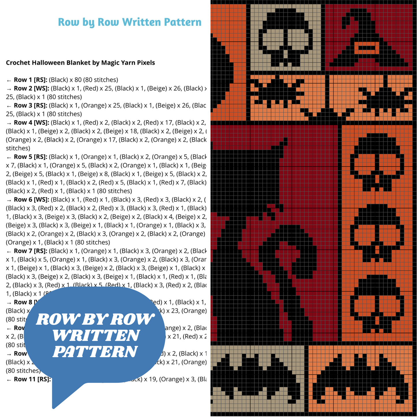 Crochet Halloween Blanket Graph and Pattern for C2C & Tapestry Crochet | C2C Halloween Afghan | Boo Bats Spiders Skulls Witch Hat Black Cats