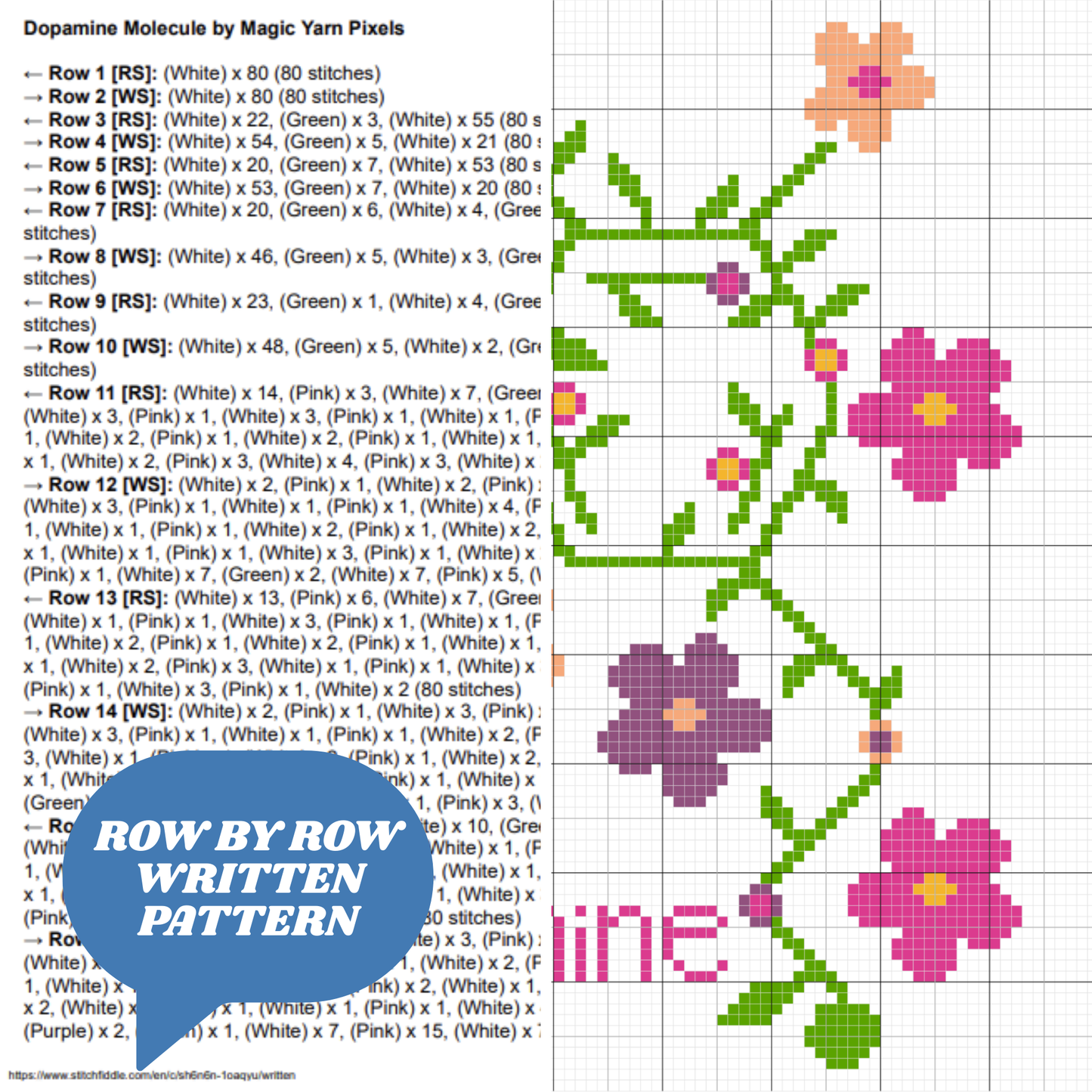 Dopamine Molecule Graph + Written Pattern For C2C & Tapestry Crochet - Floral Hormone Pattern - Gift For Scientists Chemists Geeks Nerds Lab
