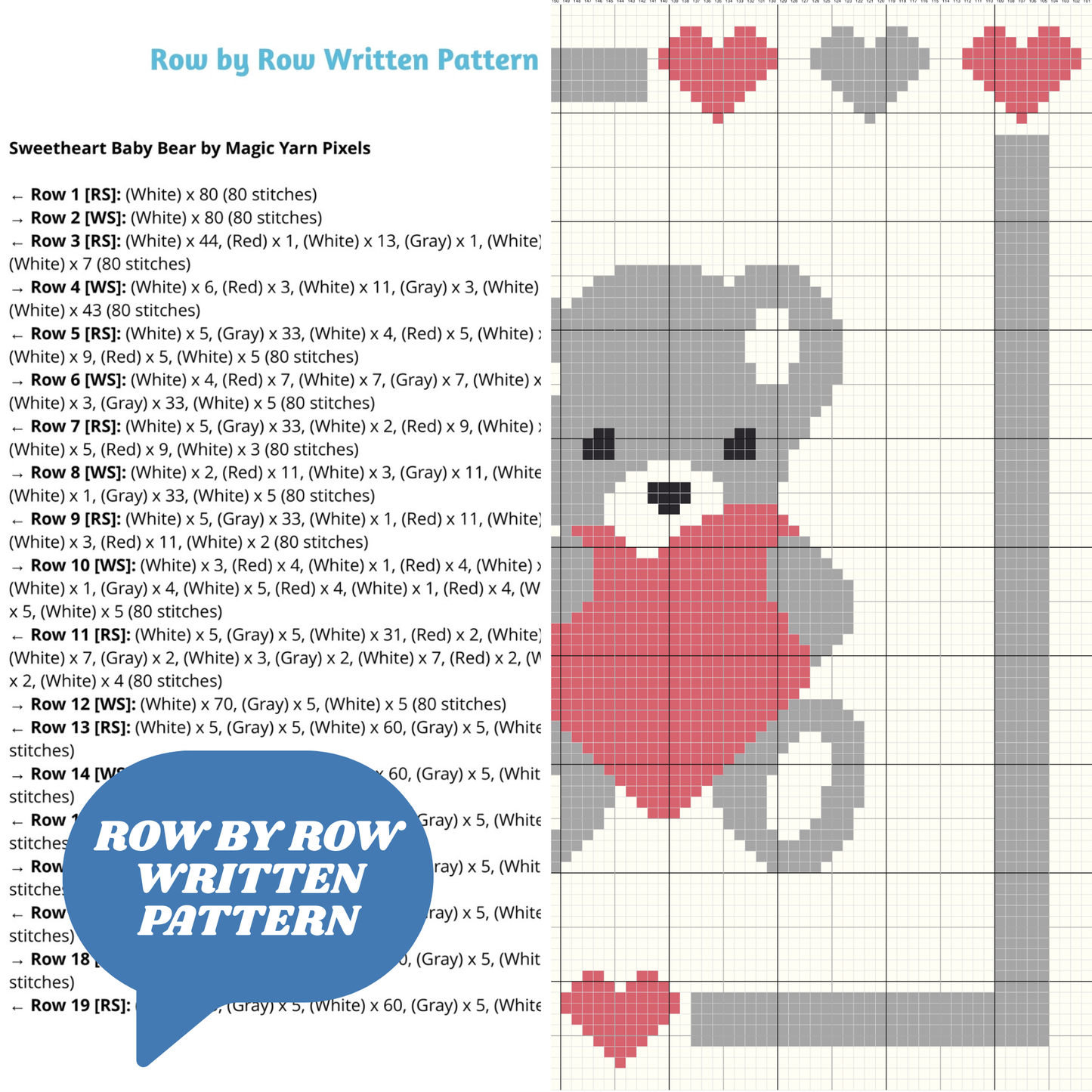 Sweet Heart Baby Bear Graph + Written Pattern For C2C & Tapestry Crochet - Birthday Christmas Crochet Heart Blanket Pattern Baby Shower Gift