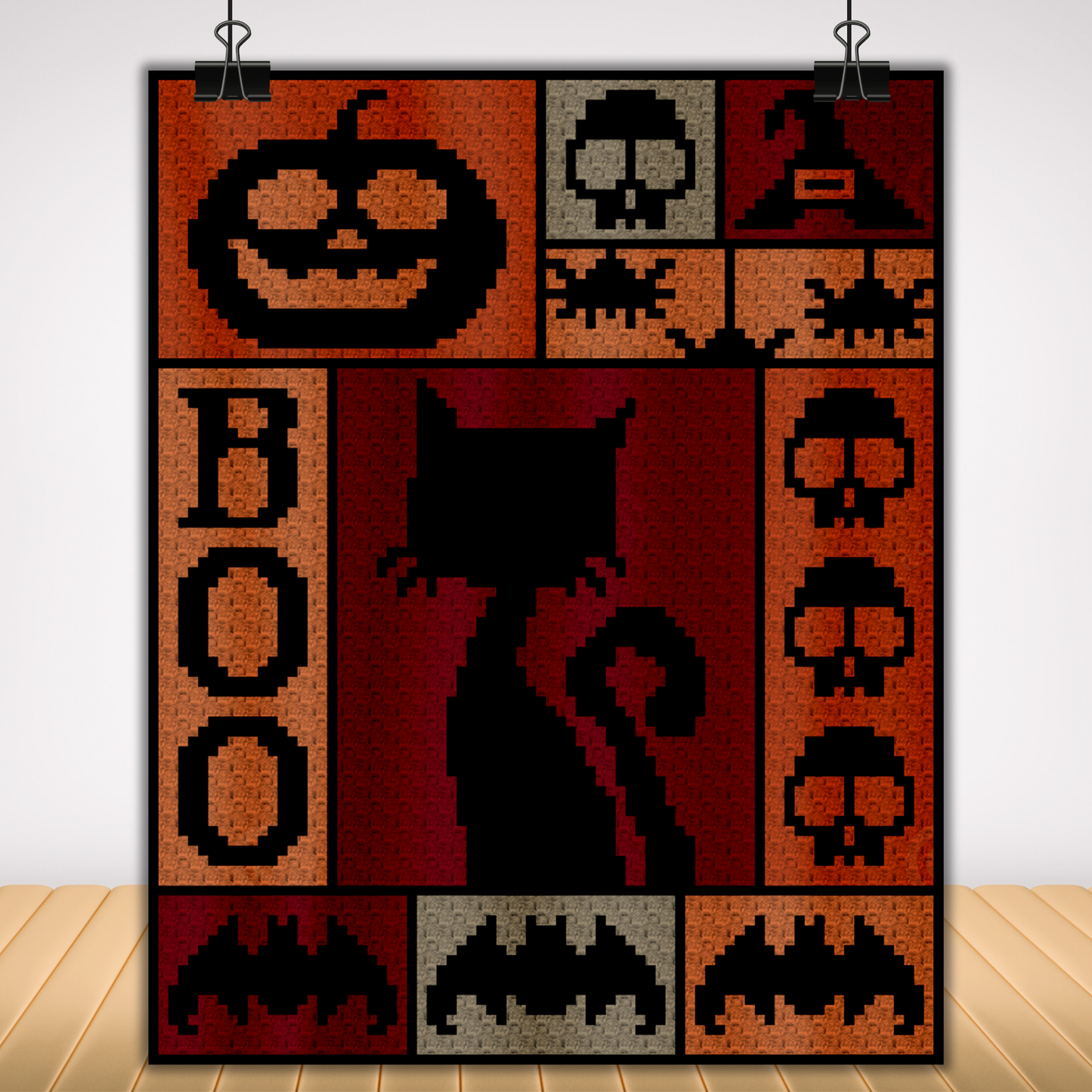 Crochet Halloween Blanket Graph and Pattern for C2C & Tapestry Crochet | C2C Halloween Afghan | Boo Bats Spiders Skulls Witch Hat Black Cats