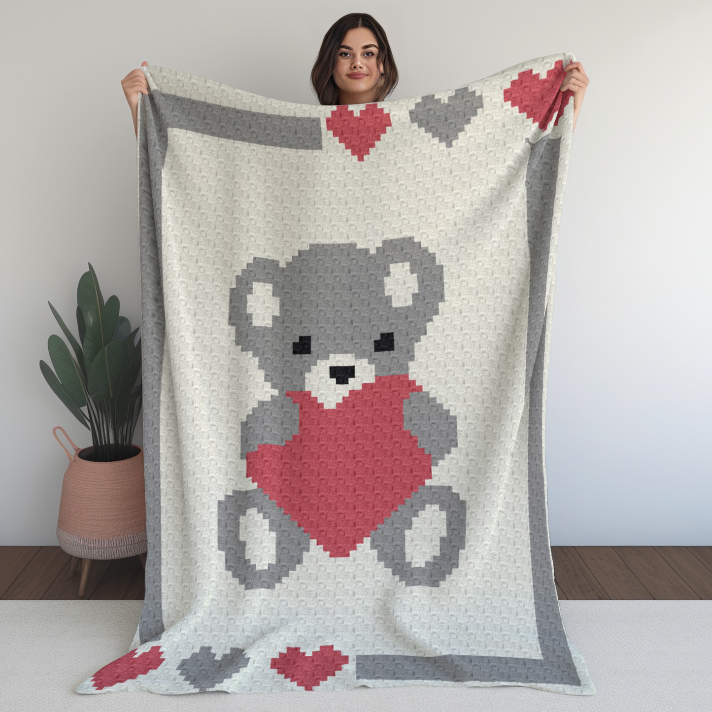 Sweet Heart Baby Bear Graph + Written Pattern For C2C & Tapestry Crochet - Birthday Christmas Crochet Heart Blanket Pattern Baby Shower Gift