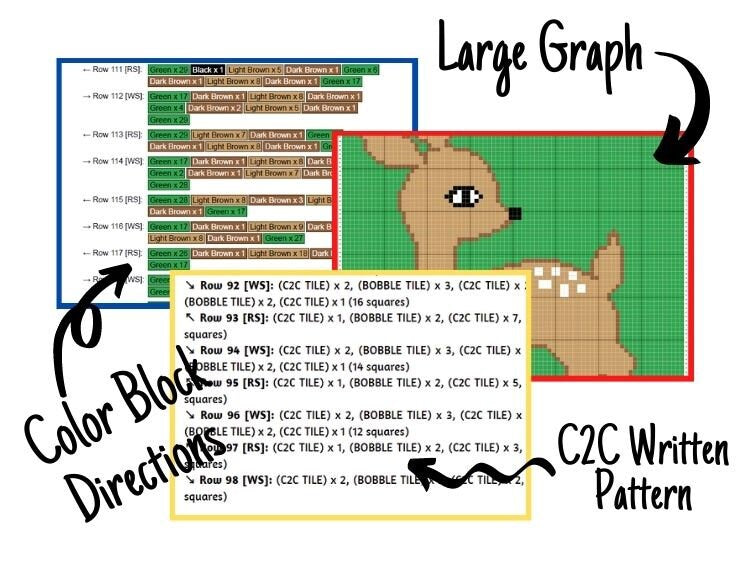 Cute Baby Deer Graph + Written Pattern For C2C & Tapestry Crochet - Deer C2C Graphgan - Deer C2C Crochet Blanket  Animal Baby Blanket Afghan