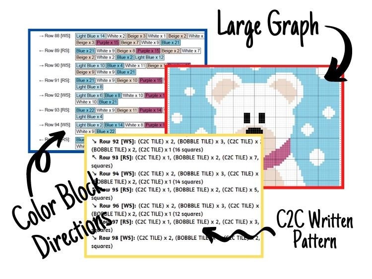 Winter Snow Polar Bear Graph + Written Pattern For C2C & Tapestry Crochet - Bear C2C Crochet Pattern - Winter Crochet Blanket - Bear Afghan