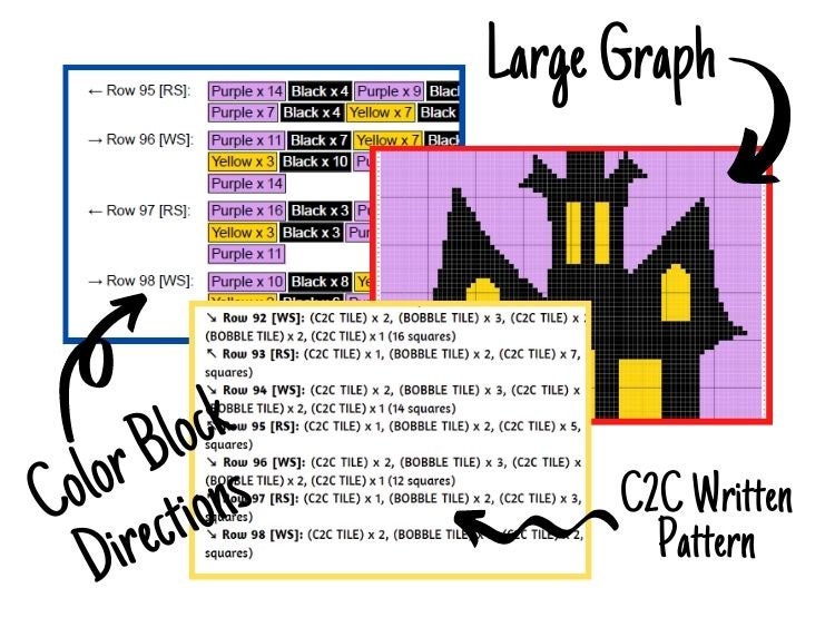 Halloween Haunted Mansion Graph + Written Pattern For C2C & Tapestry Crochet - Haunted House Crochet Pattern - Crochet Halloween C2C Blanket