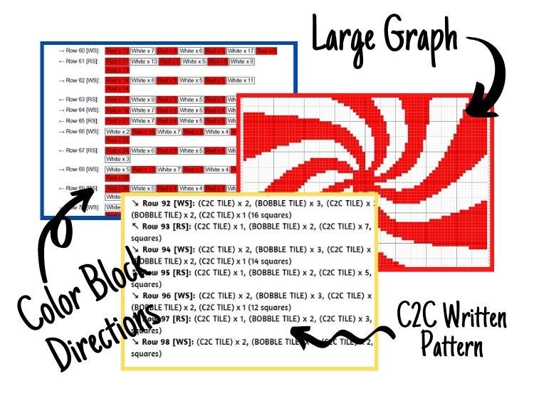 Christmas Candy Cane Swirl Graph + Written Pattern For C2C & Tapestry Crochet - Candy Cane Crochet Pattern - C2C Christmas Blanket Baby Gift