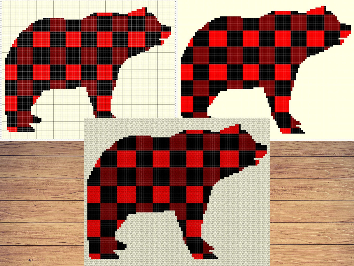 Buffalo Plaid Bear Silhouette Graph + Written Pattern For C2C & Tapestry Crochet - Bear C2C Graphgan - Red and Black Plaid Crochet Blanket