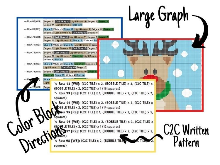 Winter Snow Christmas Reindeer Graph + Written Pattern For C2C & Tapestry Crochet - Christmas Reindeer C2C Graphgan - Christmas Baby Blanket