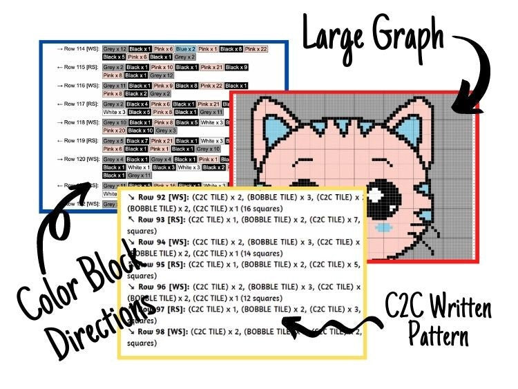Cute Strawberry Cat Graph + Written Pattern For C2C & Tapestry Crochet - Cat C2C Graphgan - Crochet Cat Blanket - Animal Blanket Baby Shower
