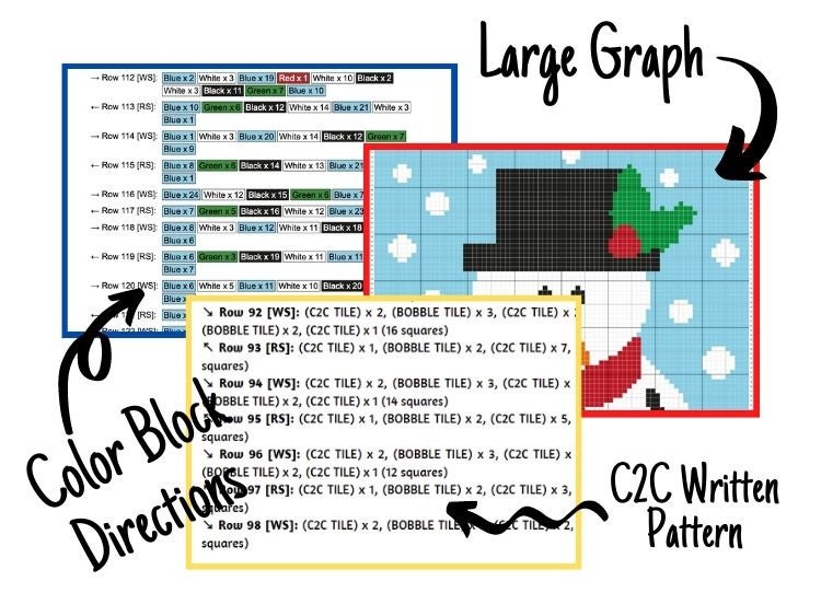 Christmas Snowman Graph + Written Pattern For C2C & Tapestry Crochet - Christmas C2C Crochet Patten - Crochet Snowman Blanket Winter Afghan
