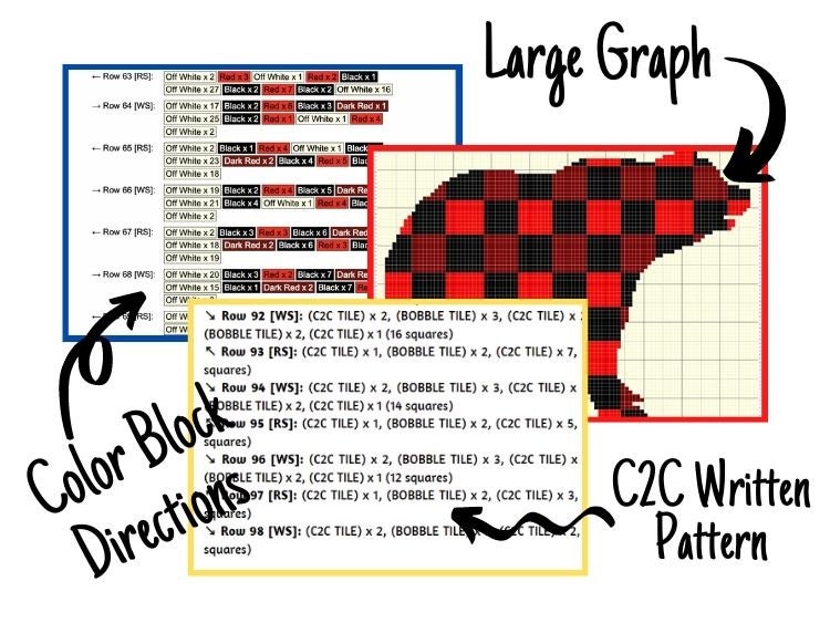 Buffalo Plaid Bear Silhouette Graph + Written Pattern For C2C & Tapestry Crochet - Bear C2C Graphgan - Red and Black Plaid Crochet Blanket