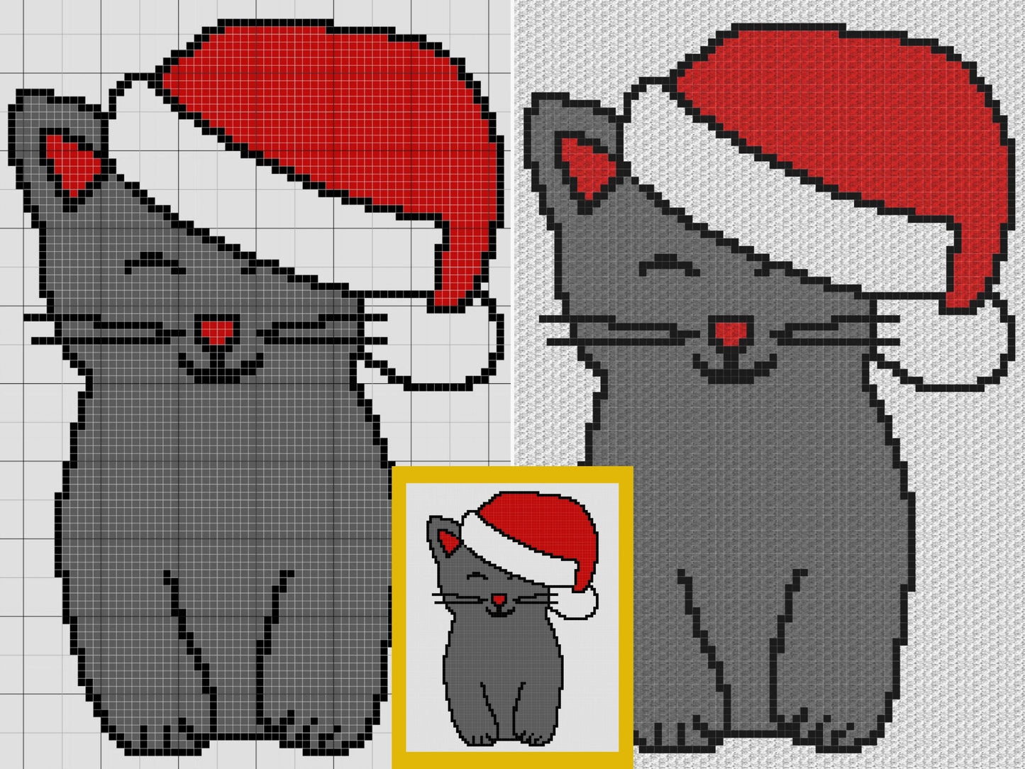 Christmas Cat With Santa Hat Graph + Written Pattern For C2C & Tapestry Crochet - Cat C2C Crochet Pattern - Crochet Christmas Blanket Gift