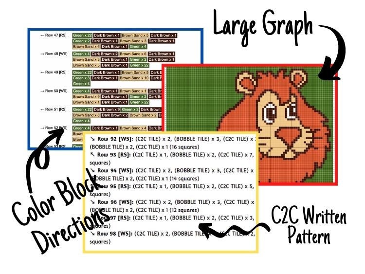 Safari Lion Graph + Written Pattern For C2C & Tapestry Crochet - Lion C2C Graphgan - Animal Crochet Baby Blanket - Safari Nursery Blanket