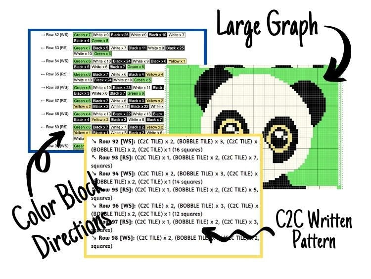 Cute Baby Panda Graph + Written Pattern For C2C & Tapestry Crochet - Panda C2C Crochet Pattern - Panda Crochet Blanket - Animal Baby Blanket