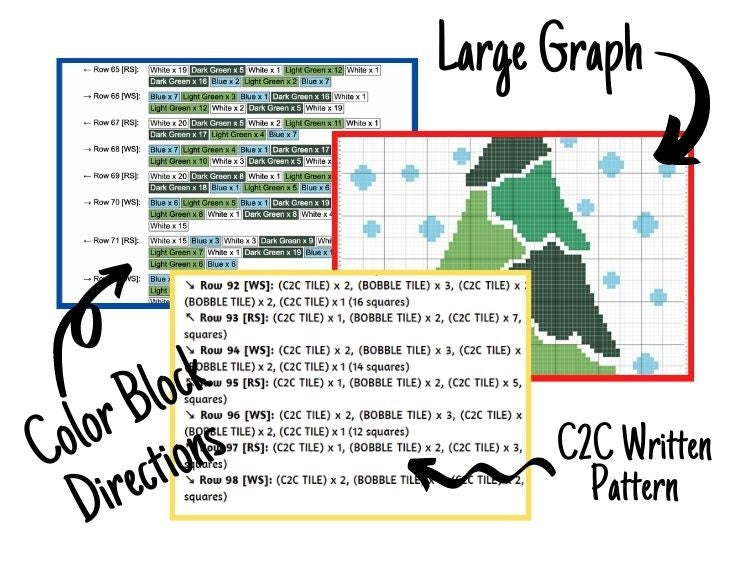 Christmas Tree With Snow Pattern Graph + Written Pattern For C2C & Tapestry Crochet - Christmas Crochet Pattern - Christmas Tree C2C Blanket