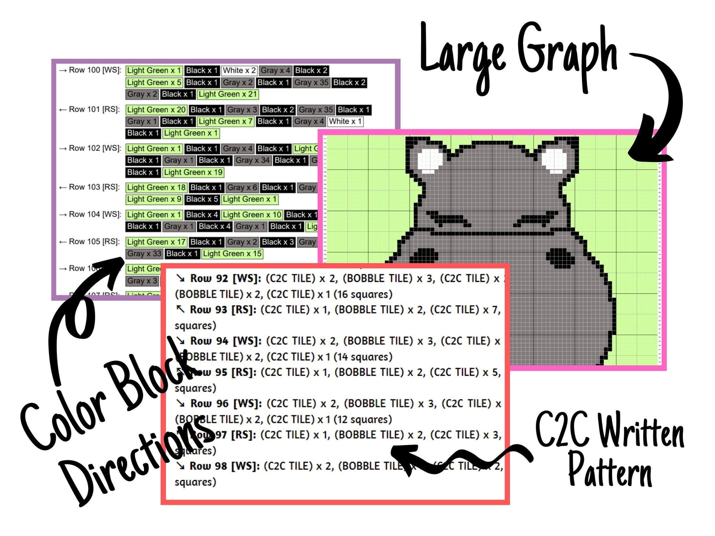 Cute Baby Hippo Graph & Pattern C2C and Tapestry Crochet-Hippo Graphgan-Jungle Nursery Decor Crochet Blanket- Crochet Hippo C2C Baby Blanket