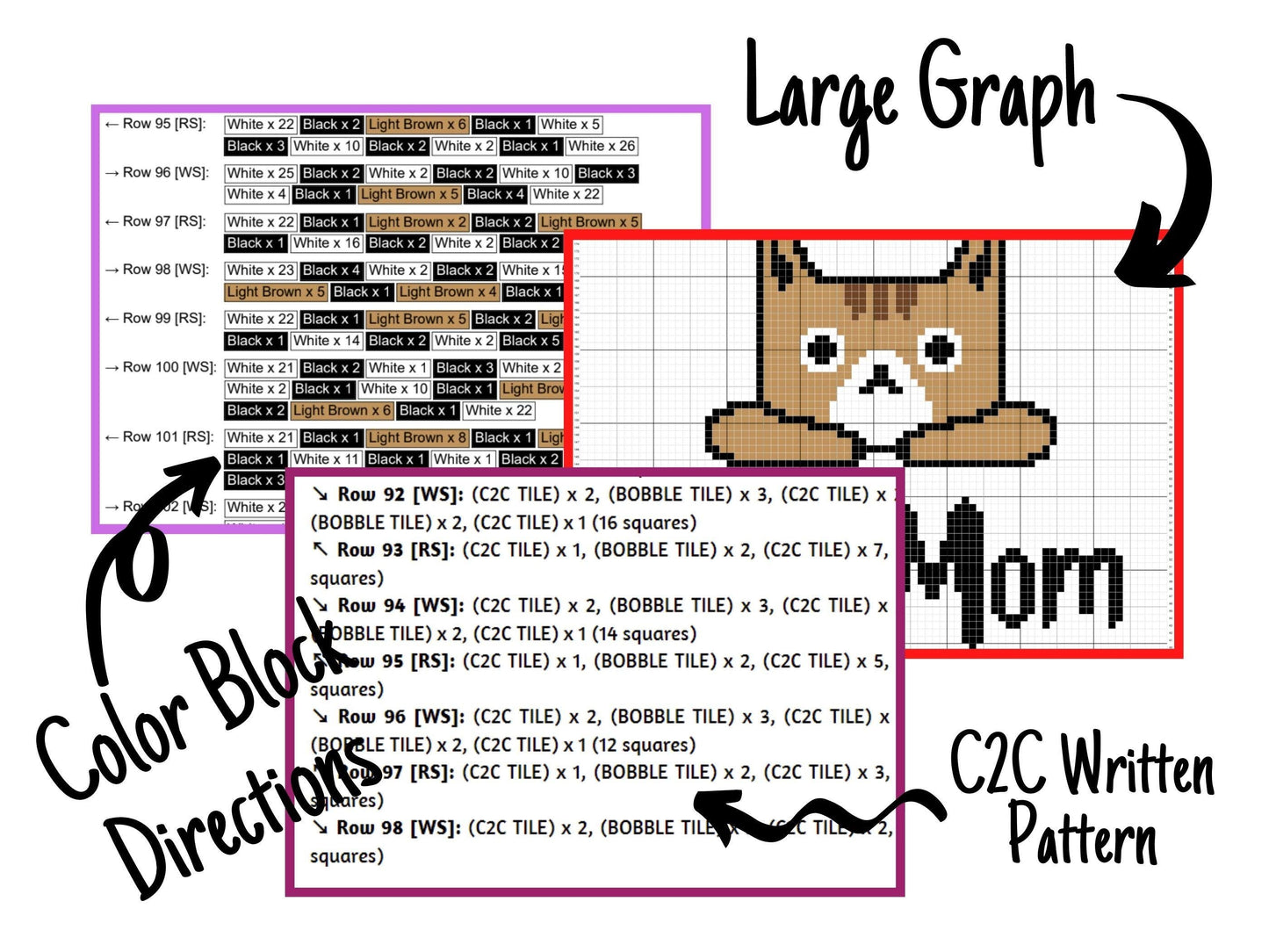 Cat Mom Kitty Graph & Pattern C2C and Tapestry Crochet - Crochet Cat Graphgan Cat Lady Crochet Blanket Cat Owner Gift C2C Blanket and Decor