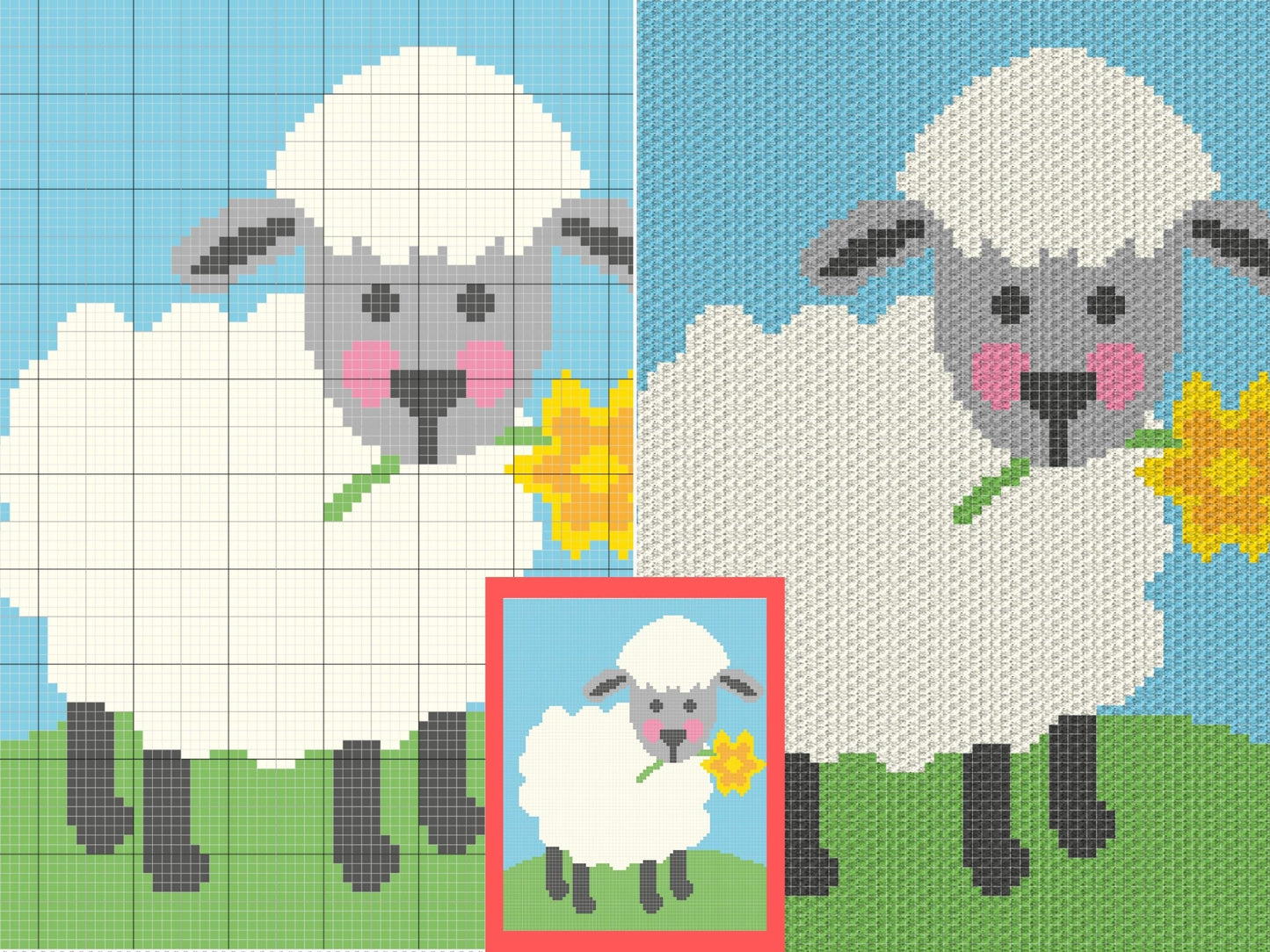 Spring Lamb With Daffodil Graph & Pattern C2C and Tapestry Crochet - Lamb C2C Graphgan Baby Lamb Crochet Blanket C2C Sheep Blanket Gift Baby