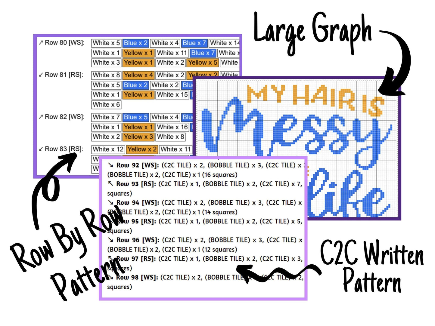 My Hair Is Messy To Match My Life Graph and Pattern C2C & Tapestry Crochet - Quote C2C Graphgan Crochet Modern Blanket - C2C Message Blanket