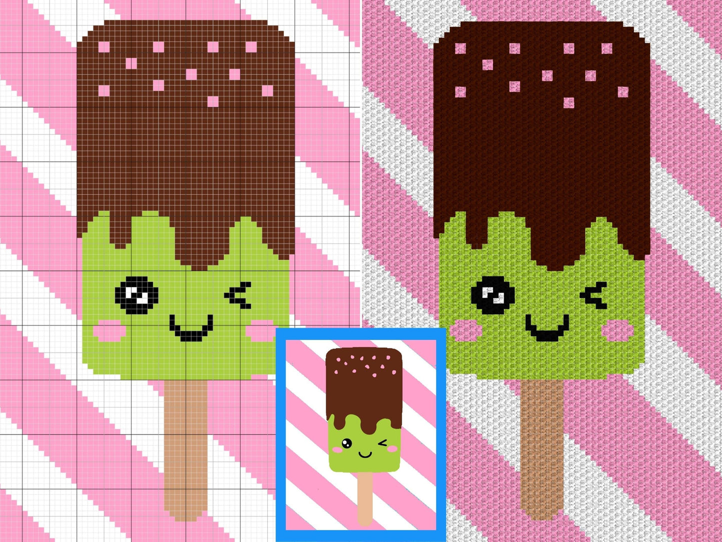 Kawaii Chocolate Mint Ice Cream Graph and Pattern C2C & Tapestry Crochet - Crochet Ice Cream Graphgan - Summer Blanket - C2C Beach Blanket