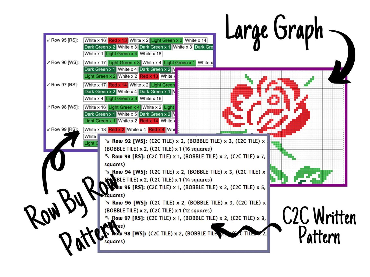 Red Rose Graph and Pattern C2C & Tapestry Crochet - Rose Flower Graphgan - C2C Crochet Rose Blanket - C2C Floral Baby Blanket - Rose Afghan