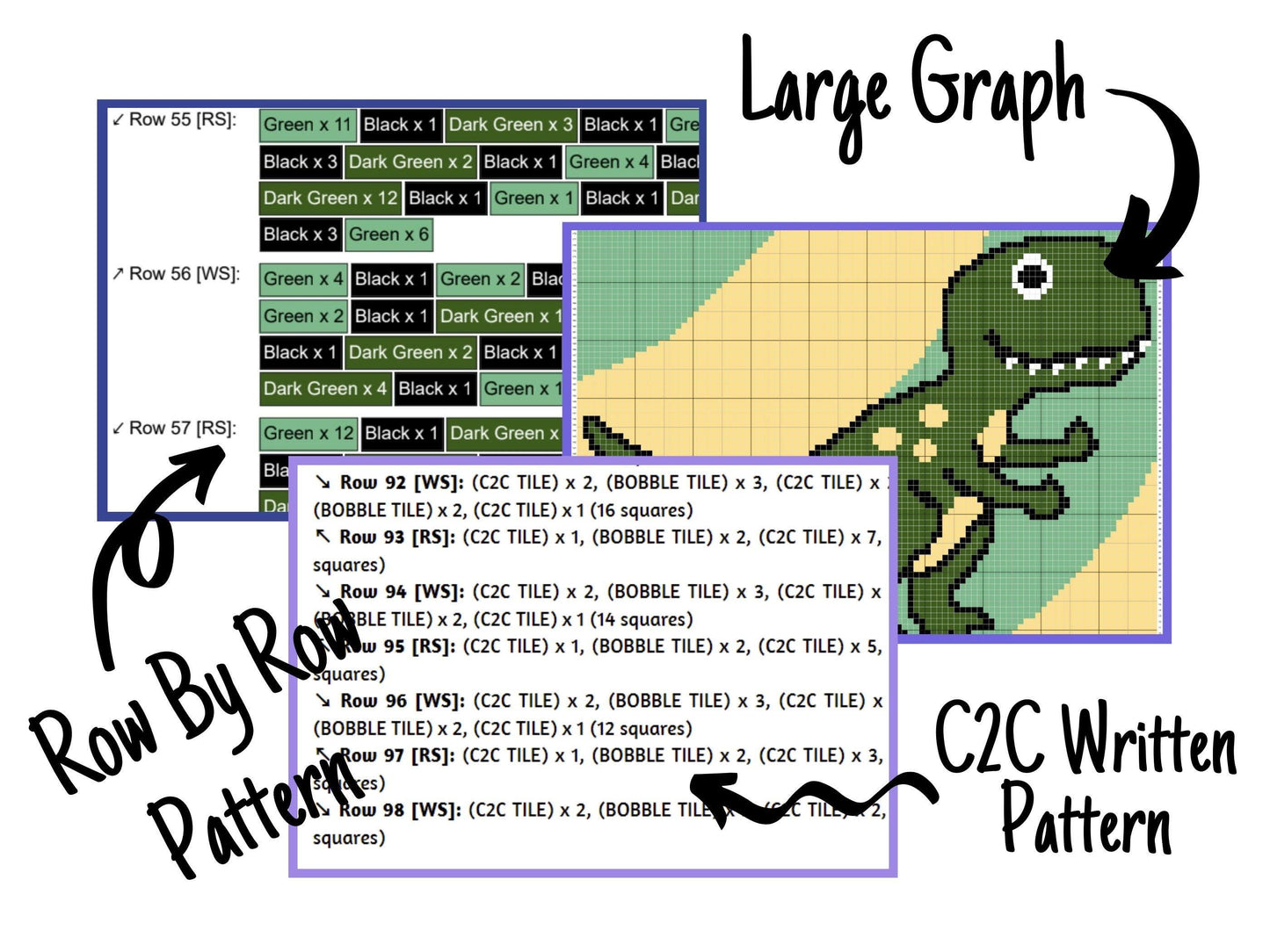 Cute Baby Dinosaur Graph and Pattern C2C & Tapestry Crochet - C2C Dinosaur Graphgan Crochet Dino Blanket - Trex Crochet Pattern C2C Blanket