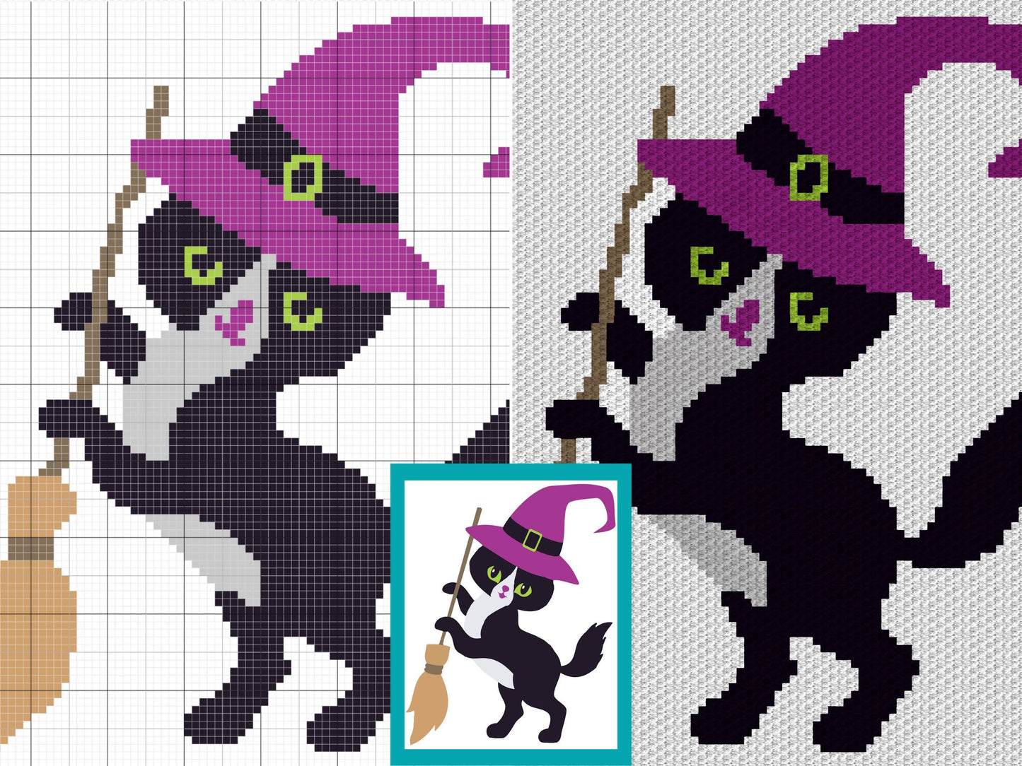 Halloween Black Cat Witch Graph and Pattern C2C & Tapestry Crochet- Cat Blanket Graphgan Crochet Spooky Blanket - C2C Halloween Blanket Gift