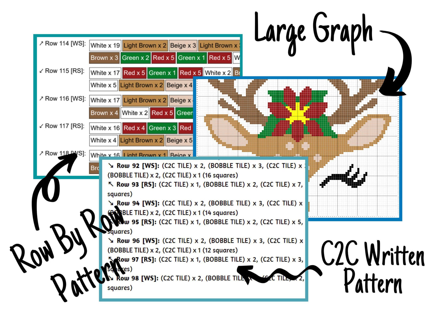 Christmas Reindeer Face Graph and Pattern C2C & Tapestry Crochet - Christmas C2C Graphgan Crochet Reindeer Baby Blanket - C2C Winter Blanket