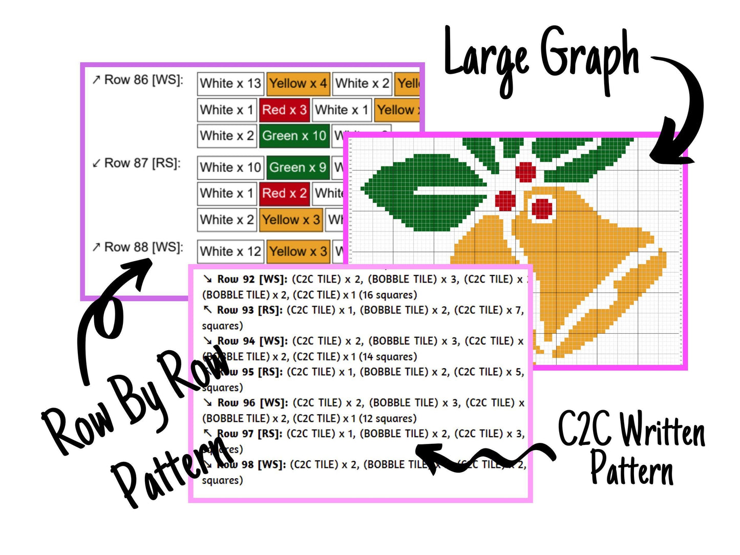Christmas Bells Graph and Pattern C2C & Tapestry Crochet - Christmas C2C Graphgan Holiday Blanket - C2C Crochet Christmas Bells Blanket Gift