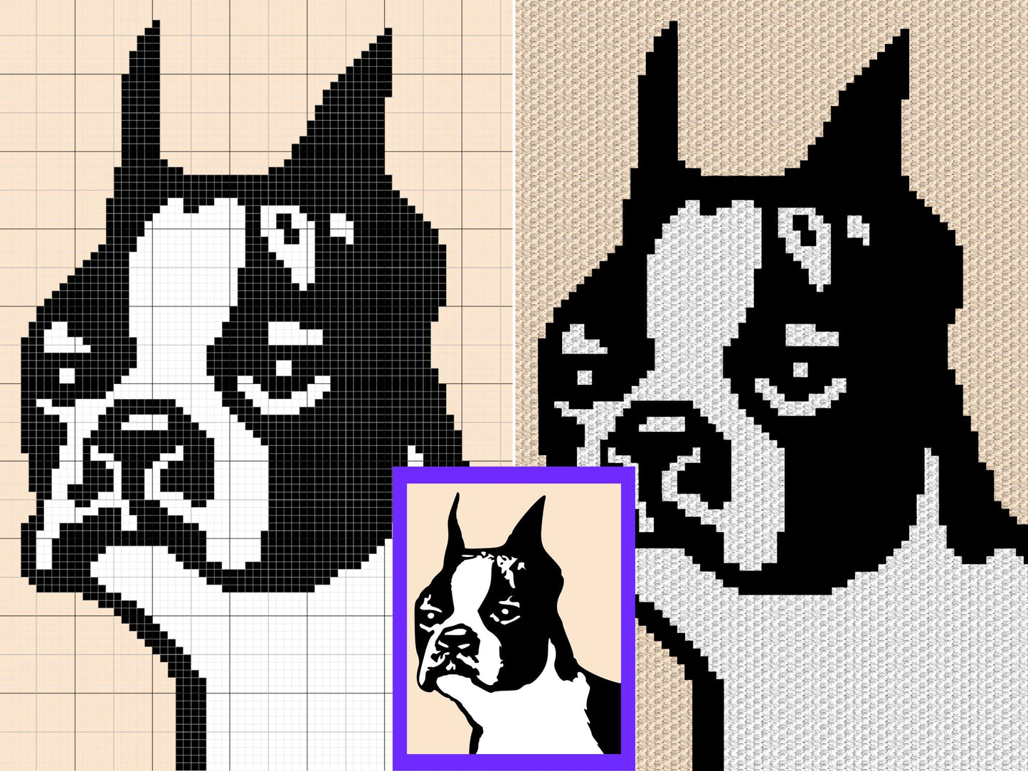 Boston Terrier Graph + Written Pattern For C2C & Tapestry Crochet - Crochet Boston Terrier Dog C2C Graphs - Crochet Dog Patterns  - C2C Dogs