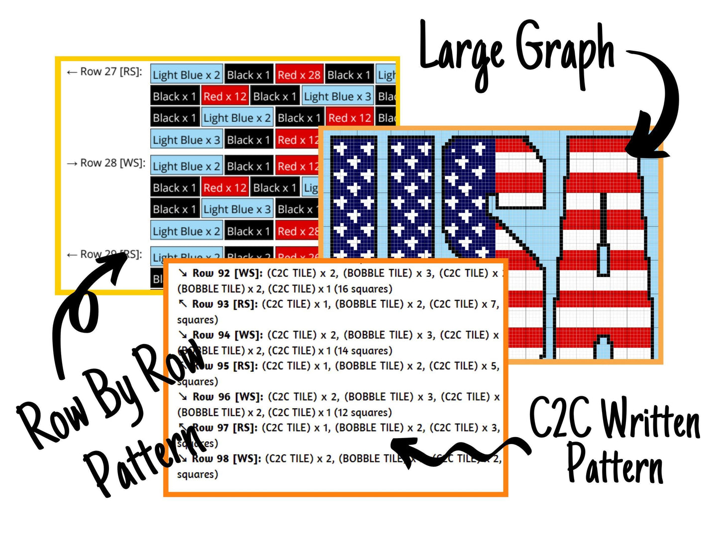 Patriotic USA Flag Graph + Written Pattern For C2C & Tapestry Crochet - Patriotic C2C Crochet Pattern - USA Crochet Blankets - Flag Blankets