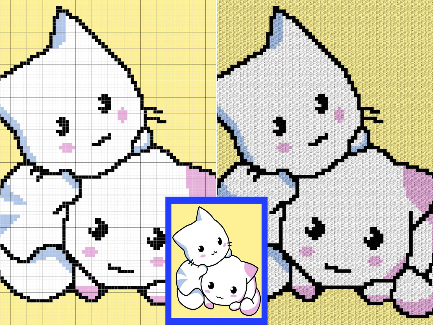 Two Kawaii Cats Graph + Written Pattern For C2C & Tapestry Crochet - Kawaii Cats Crochet Pattern - C2C  Blanket Pattern Gifts For Cat Lovers