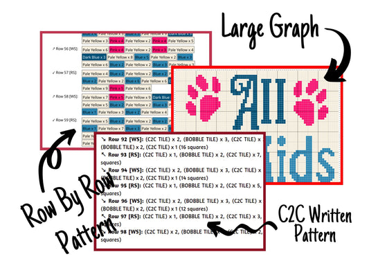 All My Kids Have Paws Graph + Written Pattern For C2C & Tapestry Crochet - Dog Moms C2C Graphgans Dog Lovers Crochet Blankets - C2C Dog Paws