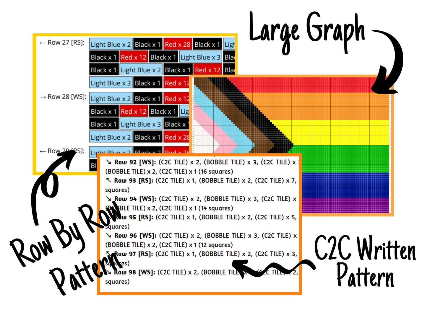 LGBTQ+ Pride Flag Graph + Written Pattern For C2C & Tapestry Crochet - LGBT C2C Crochet Pattern - Pride Month Crochet Blankets LGBT Patterns