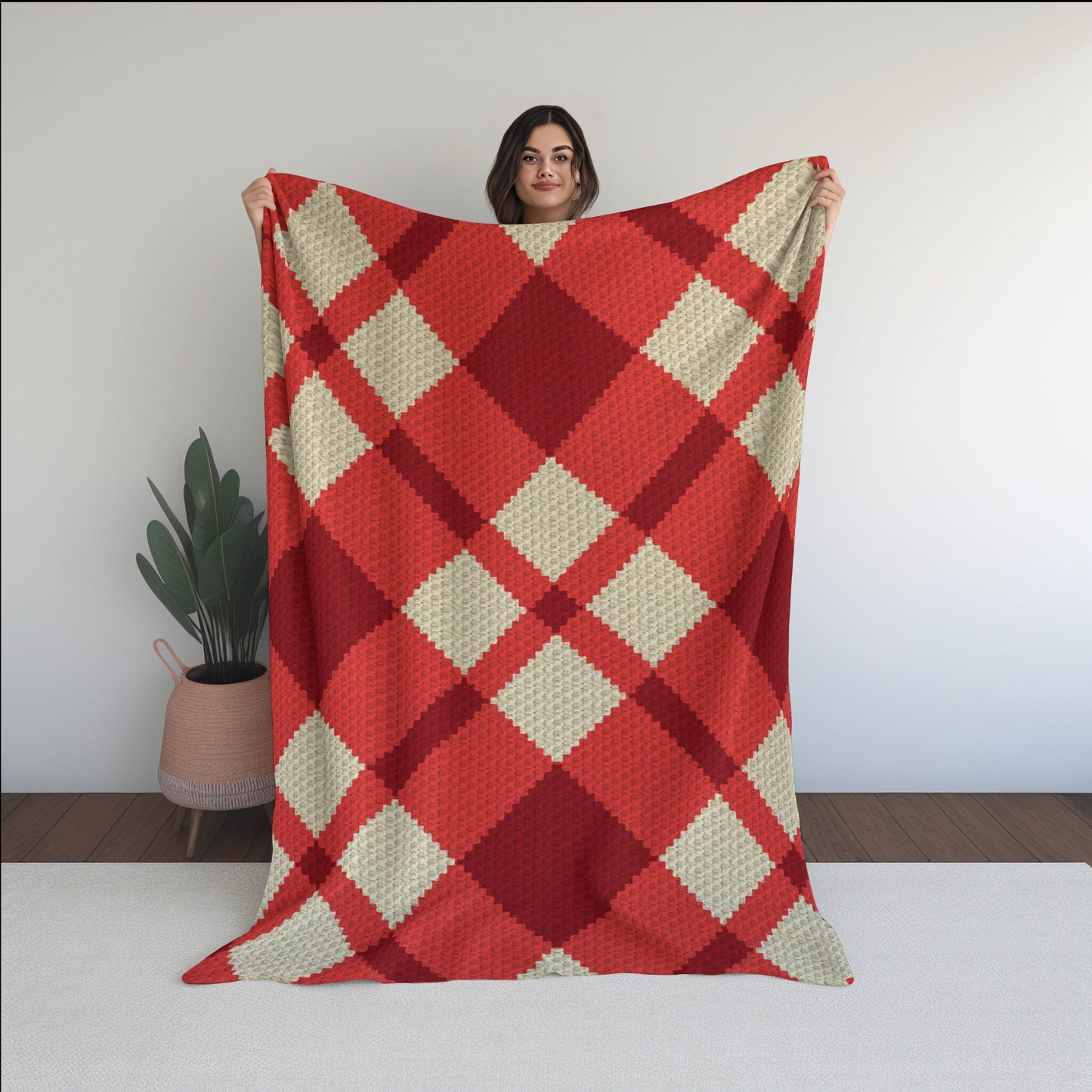 Christmas Red Tartan Crochet Blanket With Tapestry & C2C Crochet Written Pattern + Graph | C2C Christmas Afghan Geometric Plaid Blanket Gift