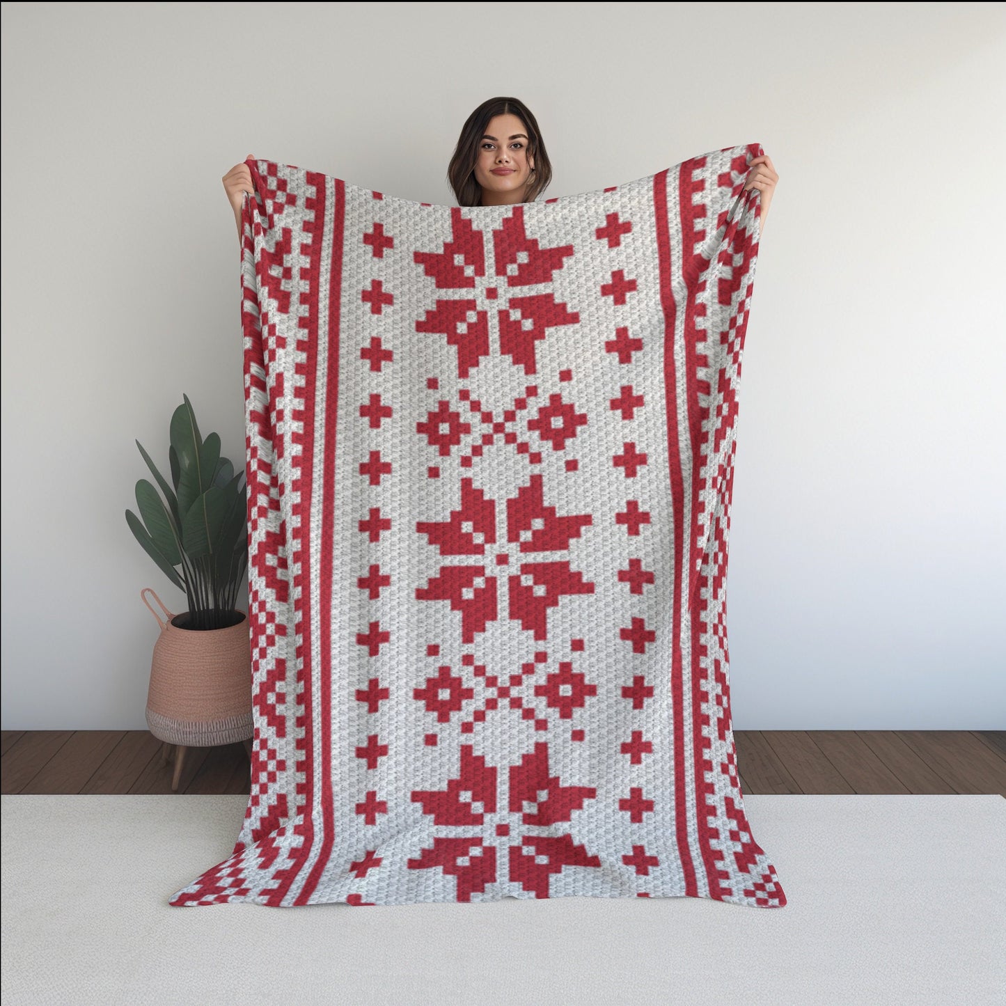 Nordic Winter Pattern Crochet Blanket With Tapestry & C2C Crochet Written Pattern + Graph - C2C Nordic Afghan Red White Christmas Patterns