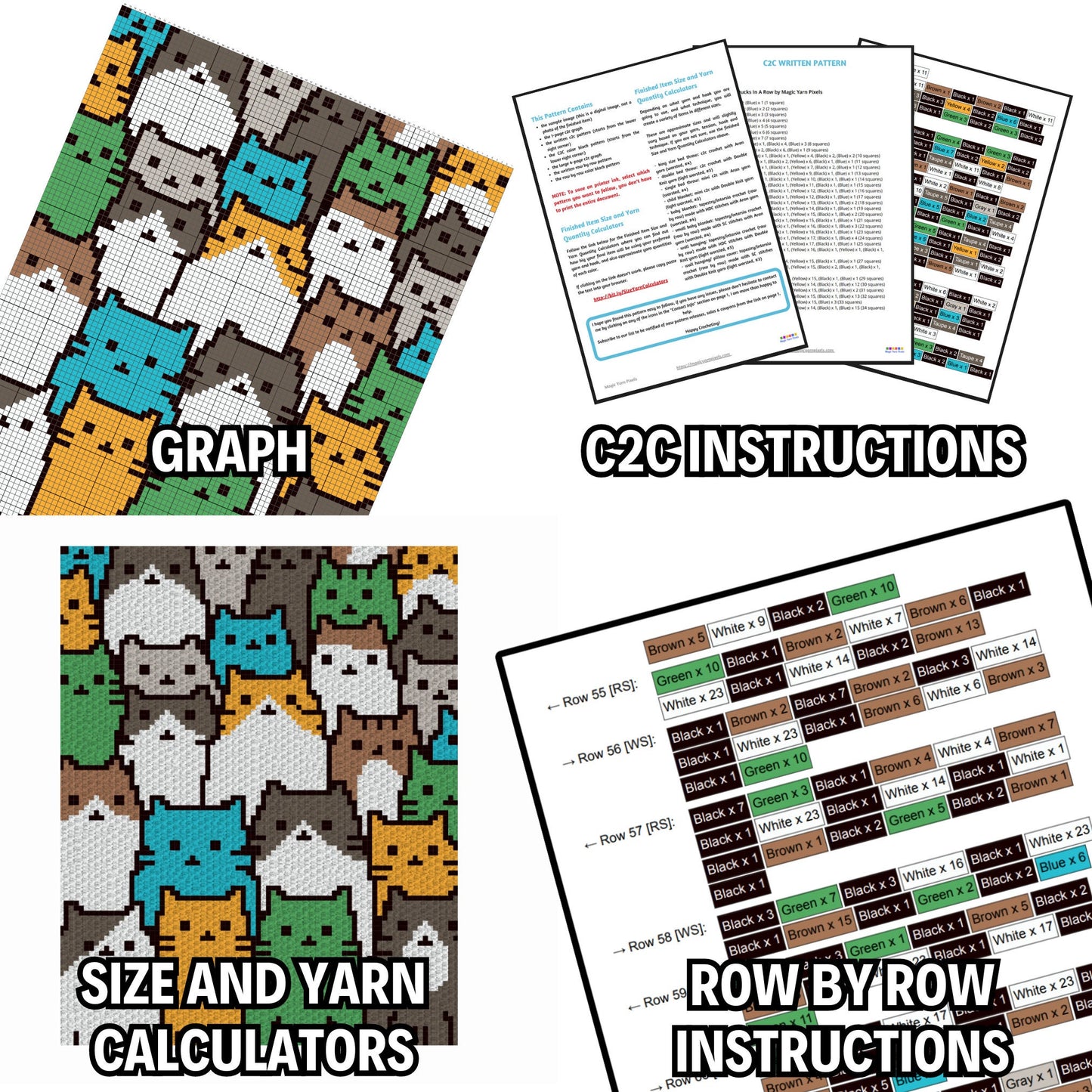 Crowded Cats Graph + Pattern C2C and Tapestry Crochet | Crochet Cat Blanket Cat Lady Crochet Afghan Cat Mama Gifts C2C Blanket Fur Baby Cats
