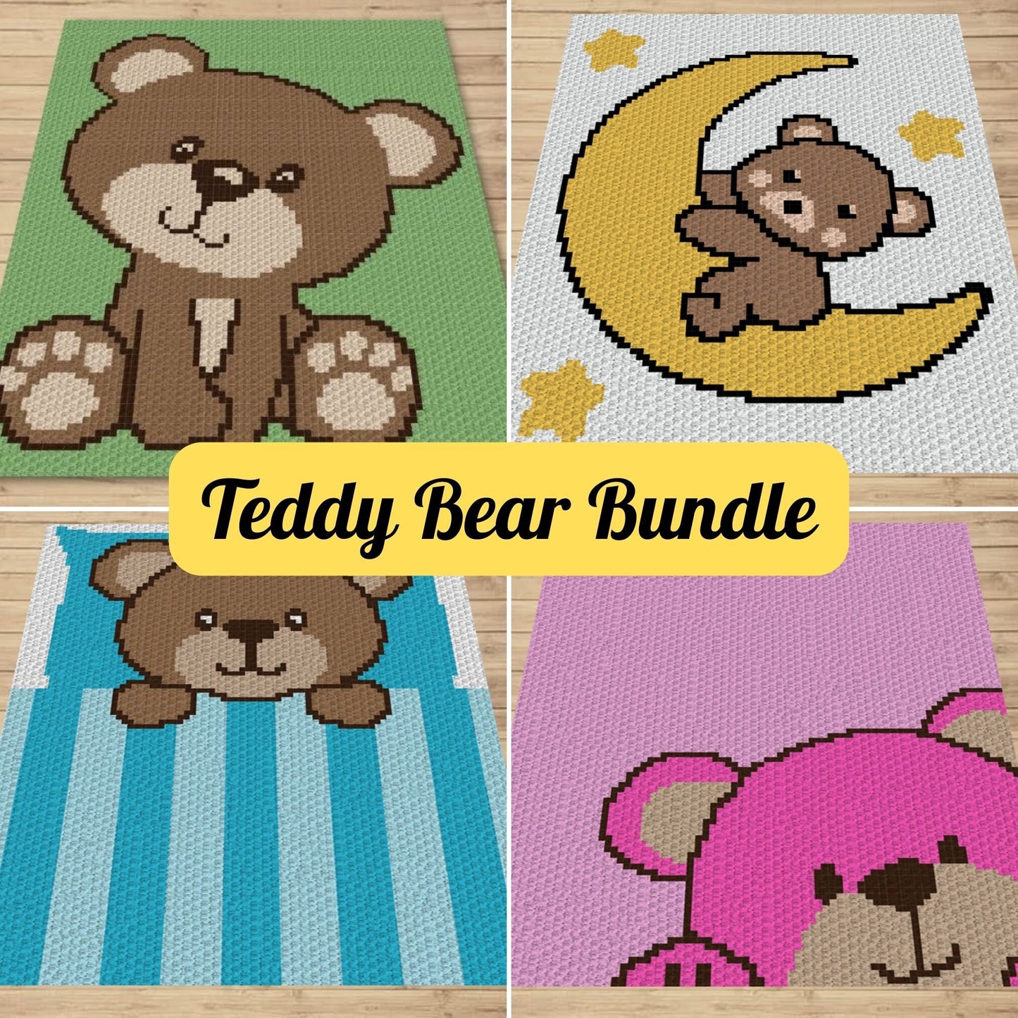 4 Pattern Bundle Teddy Bear Designs - Graph Patterns C2C & Tapestry - Crochet Blankets Cute Teddy Bear On The Moon, Sleepy Little Teddy Bear