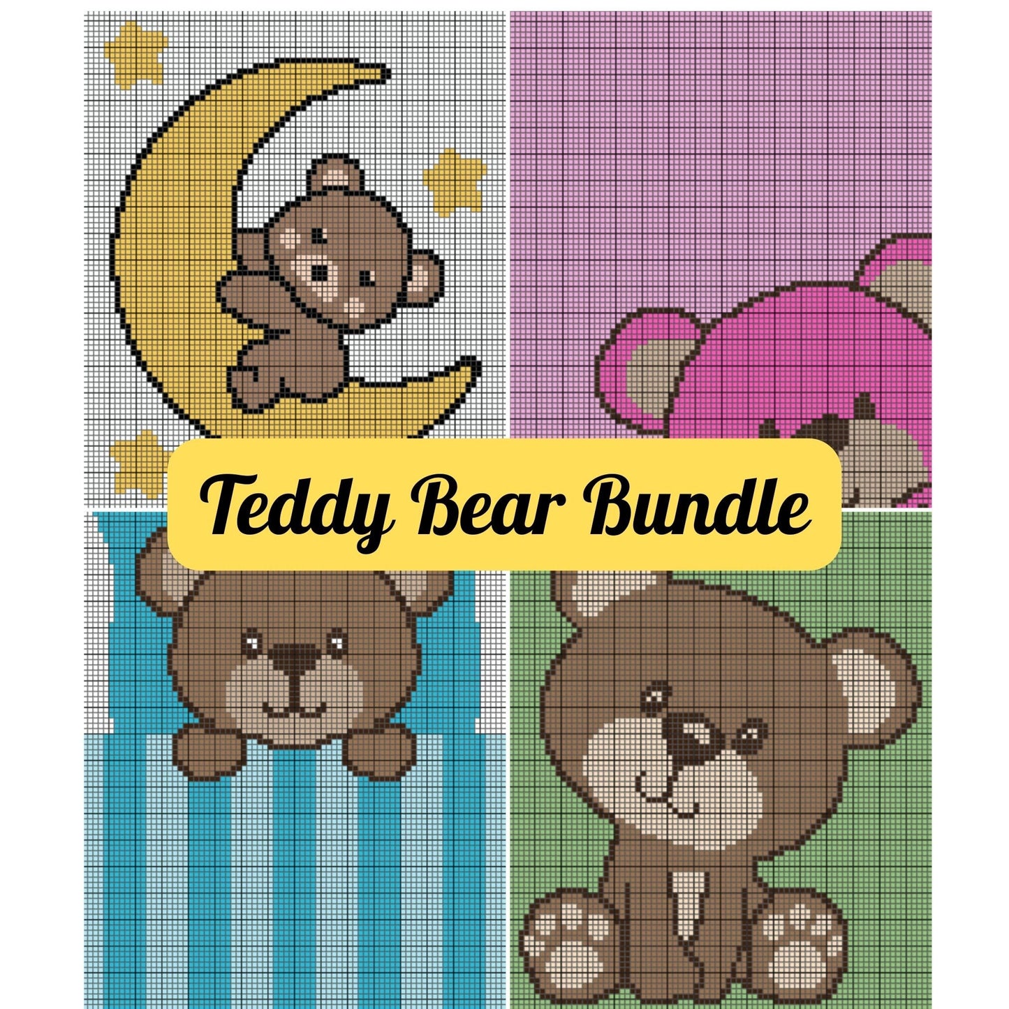 4 Pattern Bundle Teddy Bear Designs - Graph Patterns C2C & Tapestry - Crochet Blankets Cute Teddy Bear On The Moon, Sleepy Little Teddy Bear