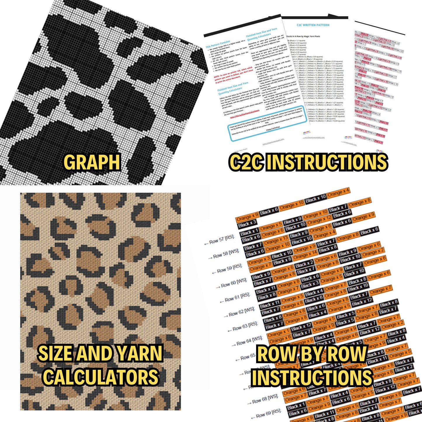 10 Patterns Bundle C2C Crochet Animal Prints (Written Pattern & Graph) - Strawberry Cow Hide Giraffe Leopard Cheetah Tiger Zebra Dalmatian