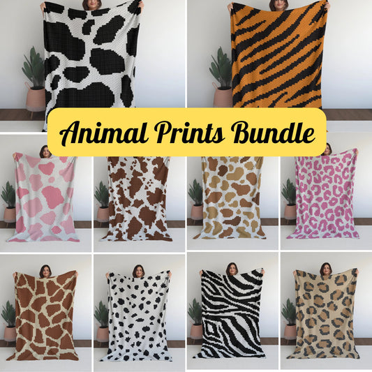 10 Patterns Bundle C2C Crochet Animal Prints (Written Pattern & Graph) - Strawberry Cow Hide Giraffe Leopard Cheetah Tiger Zebra Dalmatian