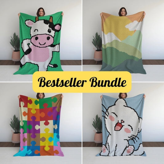 4 C2C Crochet Pattern Bundle (Written Patterns & Graphs) - Happy Cow, Cute Baby Cat, Jigsaw Puzzle, Mountain Landscape C2C Crochet Blanket
