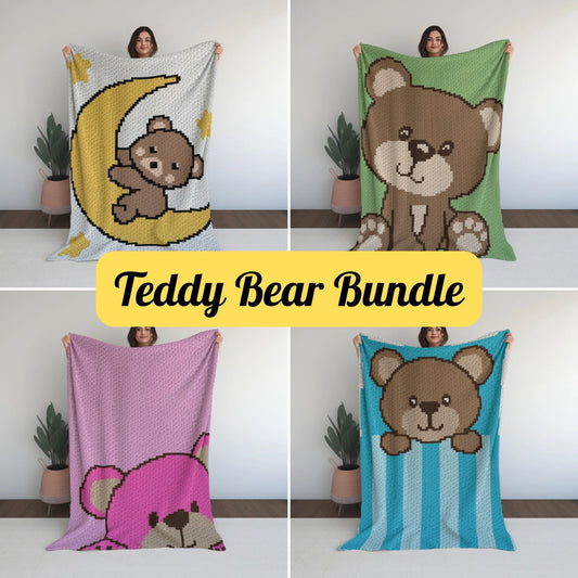 4 Pattern Bundle Teddy Bear Designs - Graph Patterns C2C & Tapestry - Crochet Blankets Cute Teddy Bear On The Moon, Sleepy Little Teddy Bear