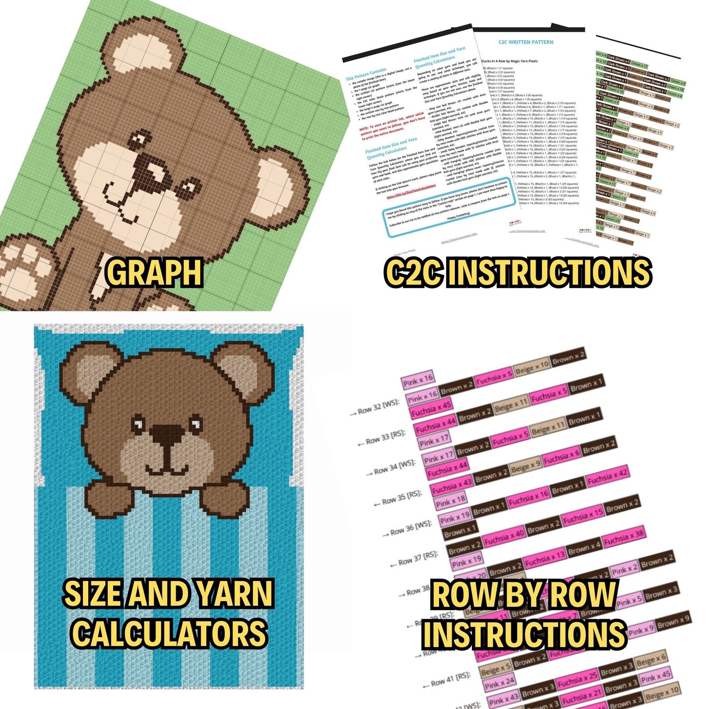 4 Pattern Bundle Teddy Bear Designs - Graph Patterns C2C & Tapestry - Crochet Blankets Cute Teddy Bear On The Moon, Sleepy Little Teddy Bear