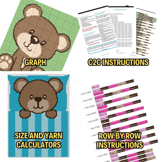 4 Pattern Bundle Teddy Bear Designs - Graph Patterns C2C & Tapestry - Crochet Blankets Cute Teddy Bear On The Moon, Sleepy Little Teddy Bear