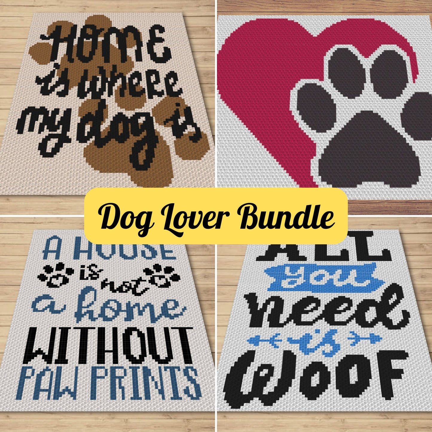 Bundle Of 4 C2C Dog Quotes Crochet Blankets (Written Patterns & Graphs) | Dog Mama Gift, Blanket For Pet Owner Pattern, Crochet Dog Blanket